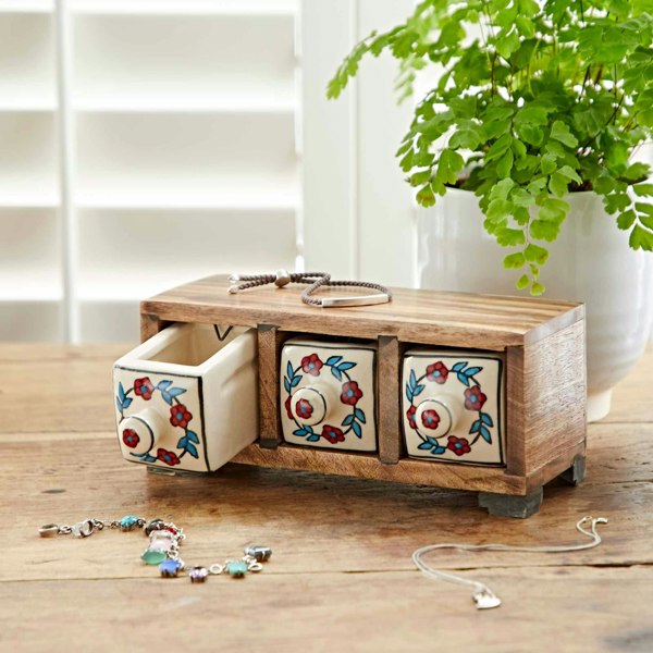 Paper High White Floral Mango Wood 3 Drawer Jewellery Box