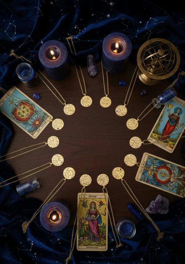 Tarot cards, candles, and gold pendant necklaces arranged in a circle on a dark background