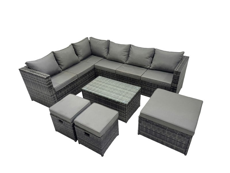Fimous Outdoor Rattan Rectangular Coffee Table Corner Sofa Sets Garden Furniture Set with 3 Stools Dark Grey Mixed