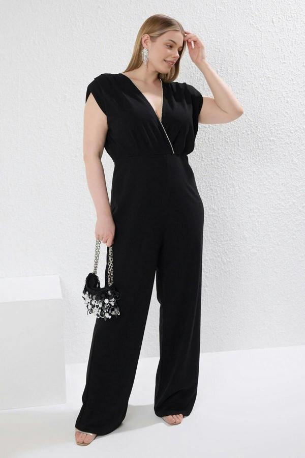 WOVCOR Wrap-Around Collar Embellished Knitted Plus Size Jumpsuit