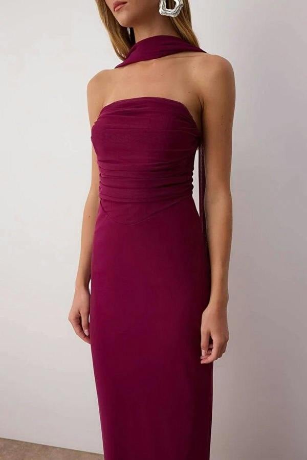 WOVCOR Tulle Knit Maxi Evening Dress with Shawl Detail