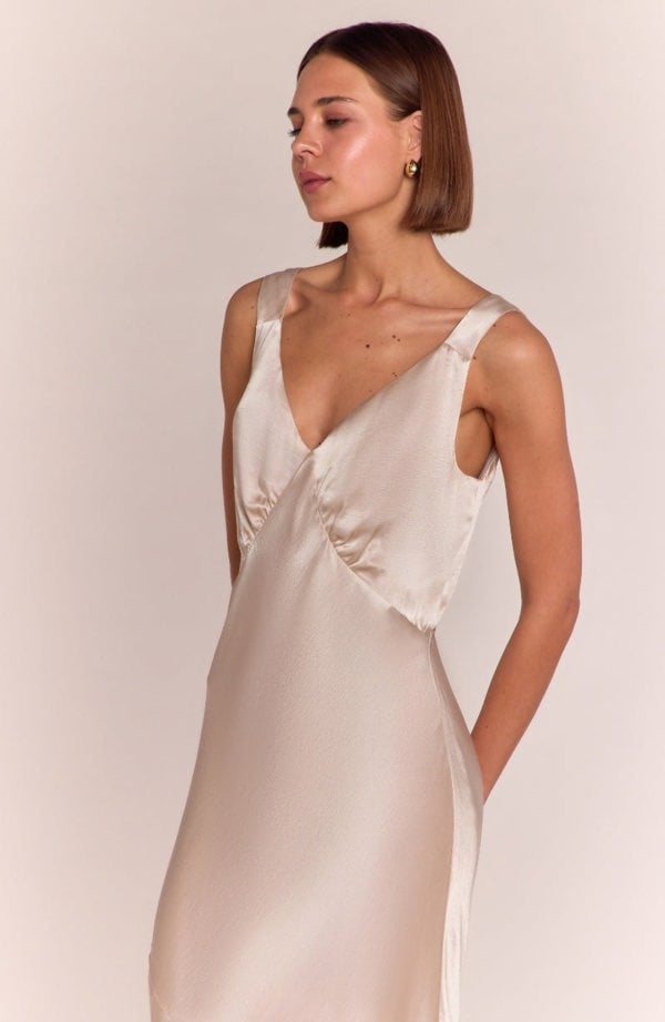 Rewritten London Amelia Dress in Champagne Satin