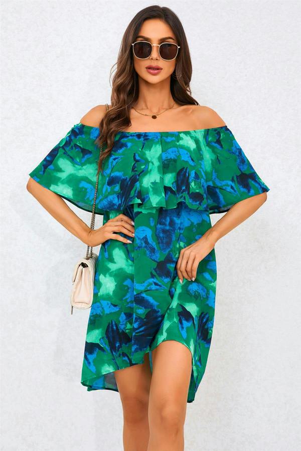 FS Collection Abstract Floral Print Bardot Frill Off Shoulder Mini Dress In Green