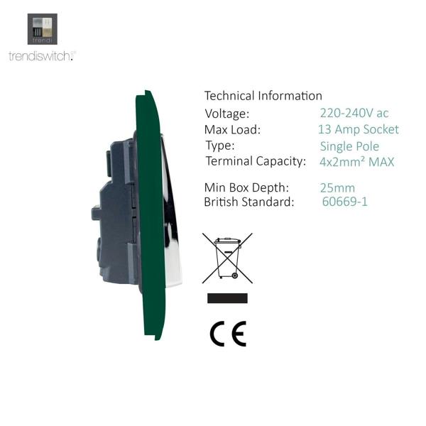 Trendi Switch 2 Gang Long Switched Plug Socket in Dark Forest Green