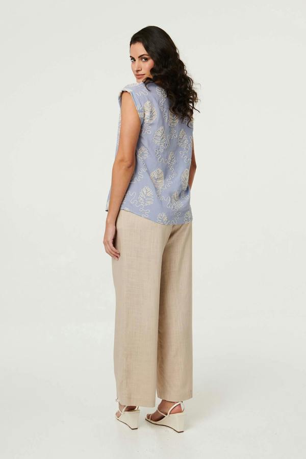 Blue | Leaf Embroidered Detail Cap Sleeve Top