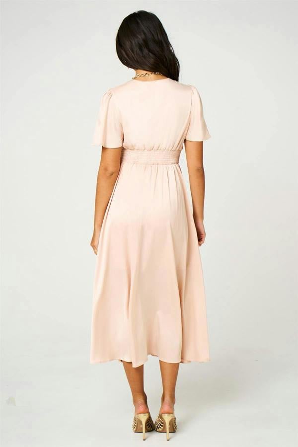 FS Collection Satin V neckline Button Detail Dress In Blush