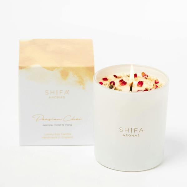 Shifa Aromas Persian Chai Glass Candle | Jasmine, Ylang-ylang & Violet | Take time to destress