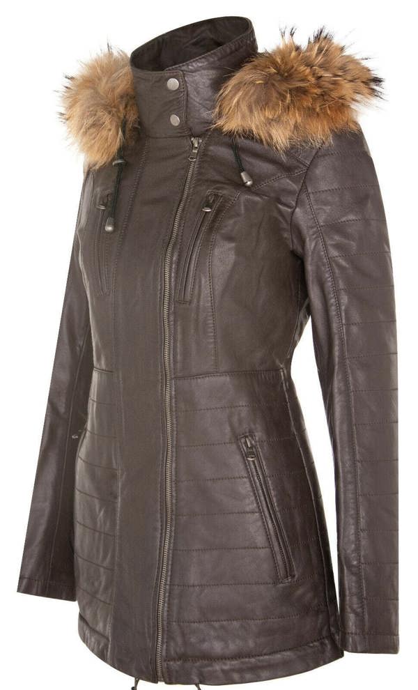 Womens Slim Fit Leather Hooded Parka Jacket-Northam - Upperclass Fashions 