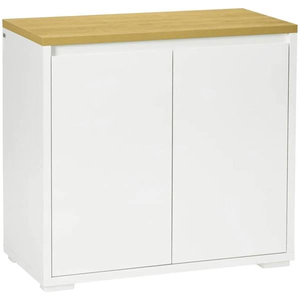White storage cabinet with double doors and light wood tabletop