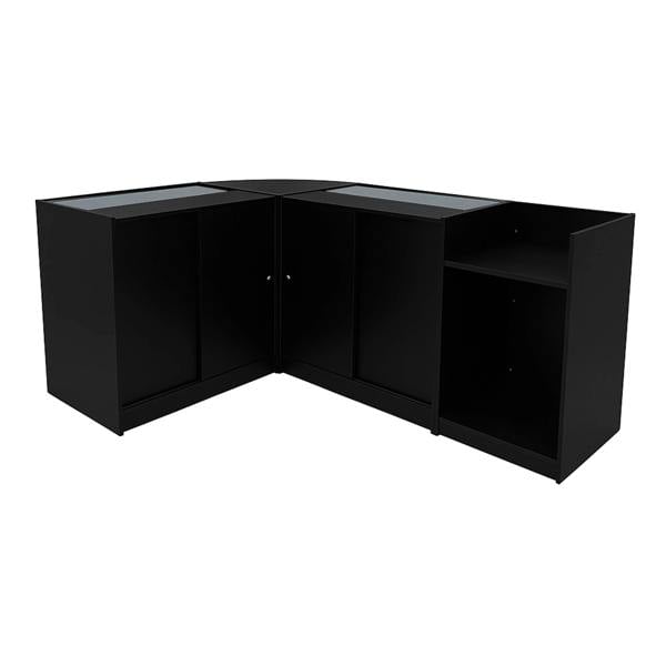 Black Eclipse LED Shop Counter Set featuring sleek design, glass display tops, and ample storage space in a modern corner layout