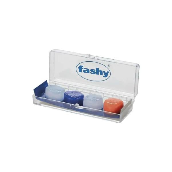 Clear Fashy silicone ear plugs case with blue logo and colorful pods
