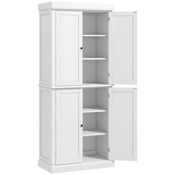 White storage cabinet with two side doors and interior multi-level shelves
