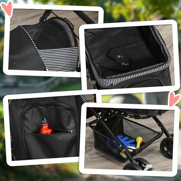 Black pet stroller details: zip door pocket, side window stripe and storage underside