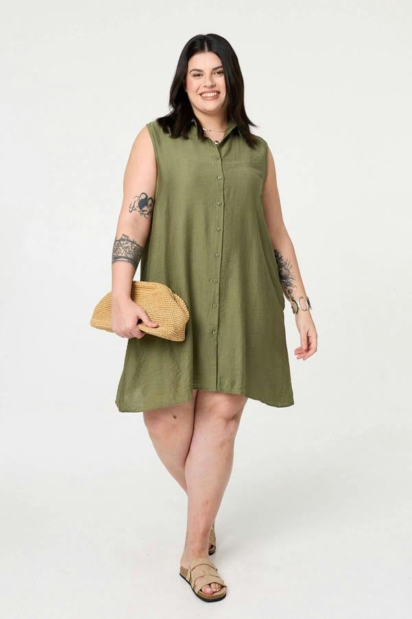 Khaki | Curve Sleeveless Midi Shirt Dress