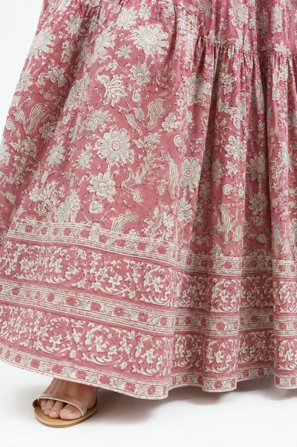 Pink Brianne woodblock printed cotton voile skirt with border