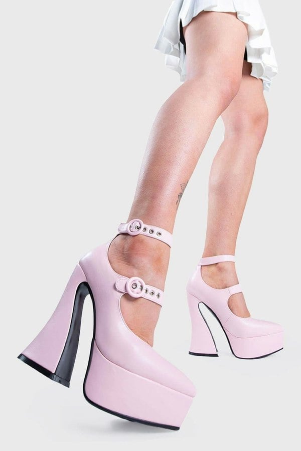 Lamoda Platform Heels Roamin' Pointed Toe Flared Heel Straps Pink, Chic Heels