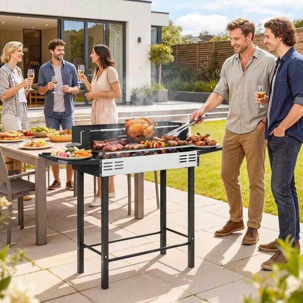 Bobobiy BBQ Rotisserie Grill Roaster Charcoal Spit Roasting Machine for Chicken Turkey with 3-Level Grill Grate, Side Shelves - Black