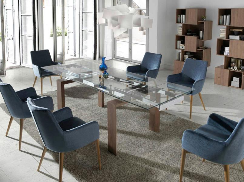 Angel Cerdá Rectangular tempered glass and walnut extending dining table 1007