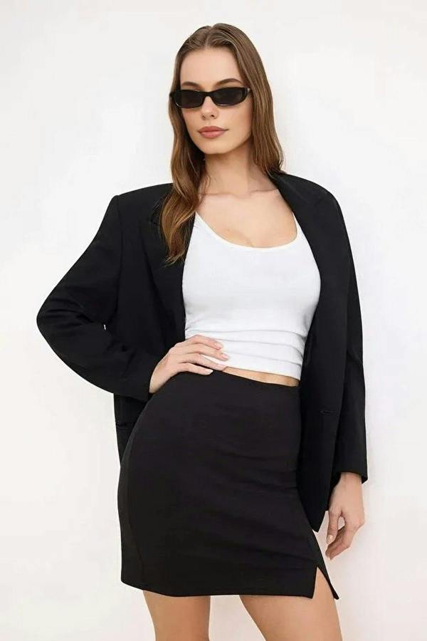 WOVCOR Plain Pencil Slit Mini Knit Short Skirt