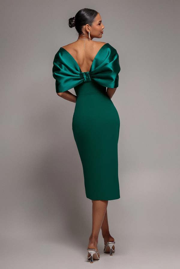 Off Shoulder Back Satin Bow Wrap Crepe Midi Dress - Emerald Green DR4939