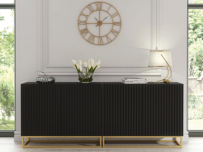 Mex Furniture Sophisticated Black Sideboard with Fluted Fronts & Gold Legs – 200cm Storage Unit