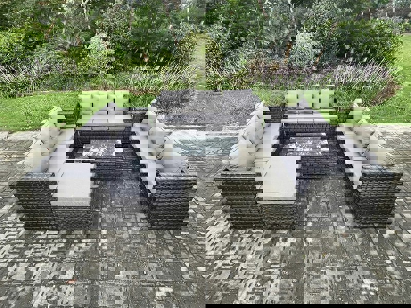Fimous Outdoor Lounge Sofa Set Wicker PE Rattan Garden Furniture Set with Oblong Coffee Table Big Footstool Dark Grey Mixed