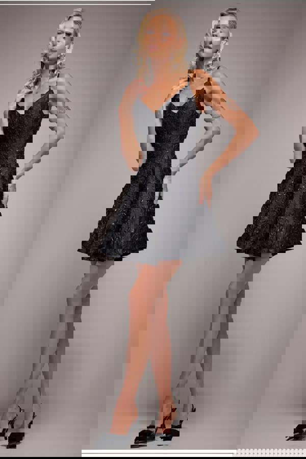 Jacquard Sleeveless A-line Mini Dress - Black DR3433