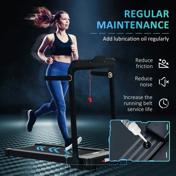 Black folding treadmill with regular maintenance guidance and lubrication inset
