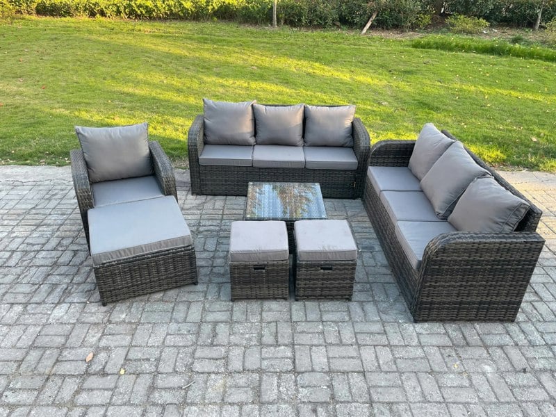 Fimous Outdoor Rattan Garden Furniture Set Conservatory Patio Sofa Coffee Table With Reclining Chair 3 Footstools Dark Grey Mixed