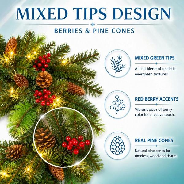 2m Green Christmas Tree Garland with Mixed Tips, Red Berries, Pine Cones and Warm White LEDs image 4