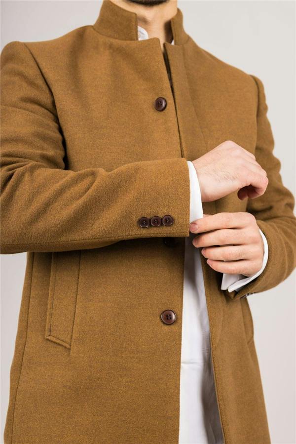 Infinity Leather Men's Tan Stand Collar Wool Blend Overcoat