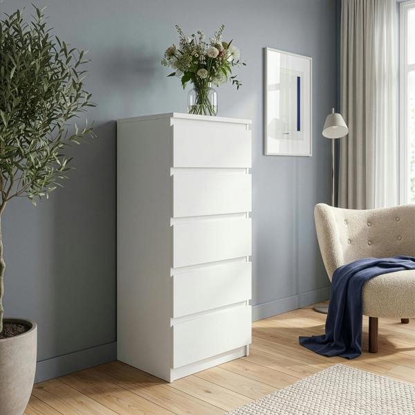 Edmore 5 Drawer Tall Narrow Chest in White