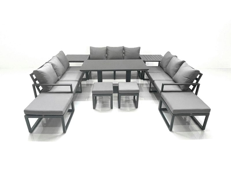 Fimous 13 Seater Aluminium Garden Furniture Set with Rising Dining Table, 3 Sofas, 2 Side Tables, 4 Footstools - Dark Grey