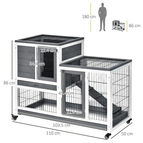 Grey wooden small animal hutch with two-tier wire compartments and sliding ramp, on wheels