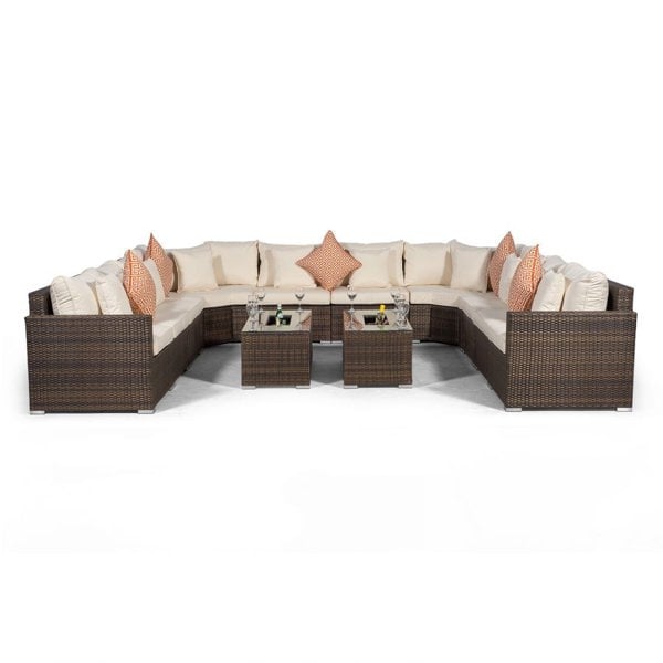 Giardino Santorini U Shape Modular 10 Seat Rattan Sofa Set With Armrest Drinks Cooler & 2 Drinks Cooler Coffee Tables