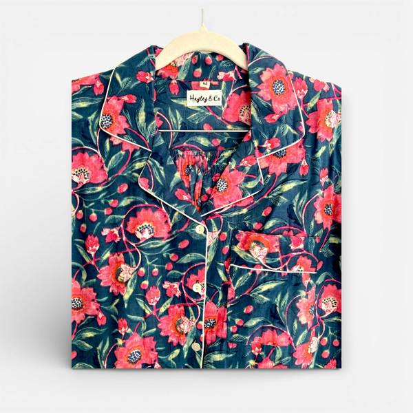 Hayley & Co Navy and Pink Block Print Floral 100% Cotton Long Pyjama Set