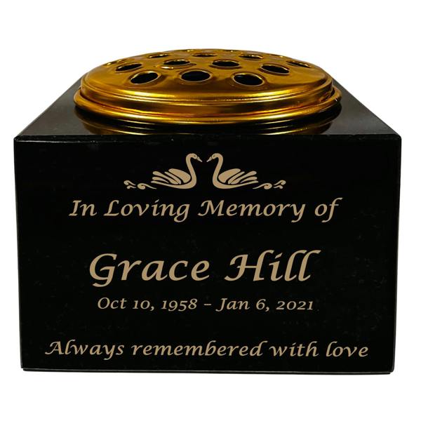 Memorials Direct Granite Memorial Vase with Swan Design 1, Free Personalised Gold Engraving, Solid Granite 6 x 6 x 4 Inches