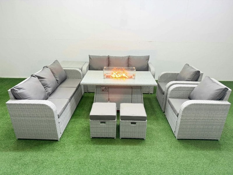 Fimous PE Rattan High Back Lounge Sofa Set Patio Fire Pit Dining Table & Chairs Set with 3 Seater Sofa Reclining Chair Stools Side Table Light Grey