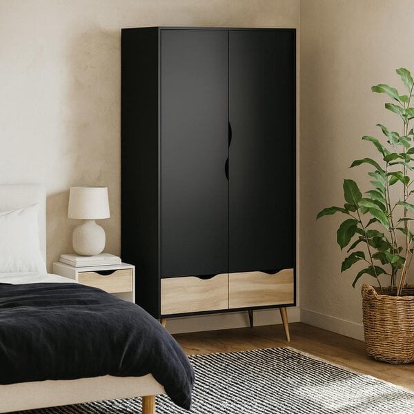 Wyld Haus Sapporo Black and Natural Oak Wardrobe 2 Doors 2 Drawers