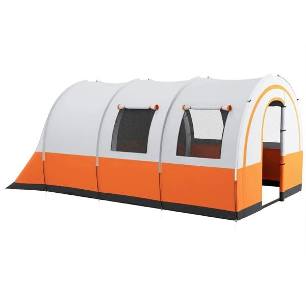 Cream and orange family camping tent with two mesh windows and arched front doorway