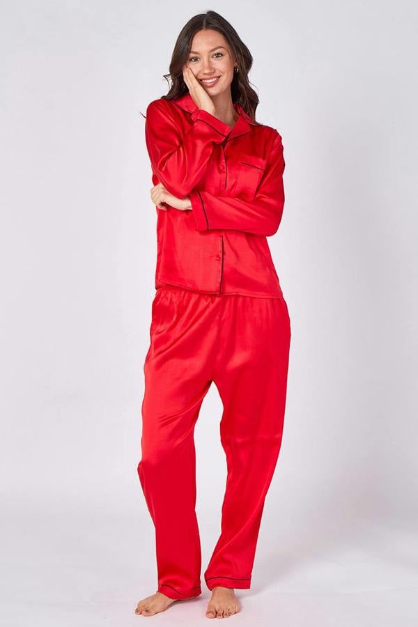 Elaina Fashion Red Long sleeve satin Pj set with pockets