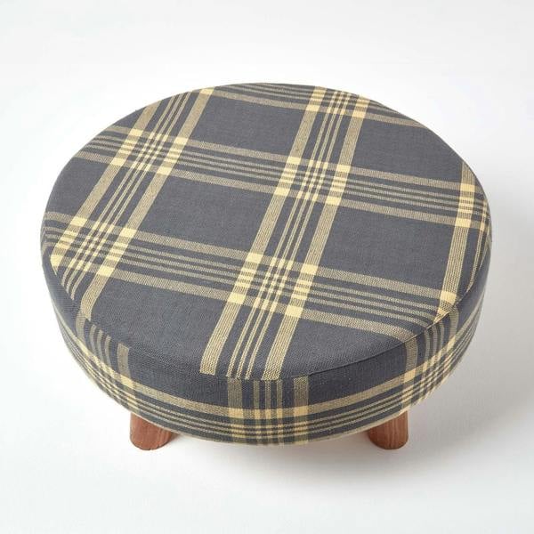 HOMESCAPES Grey and Yellow Tartan Fabric Flat Circular Stool with Wooden Legs