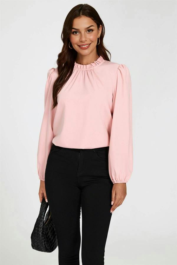 FS Collection Floral Print Frill Detail High Neck Top In Pink