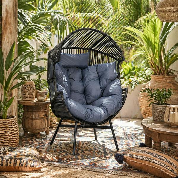 Wyld Haus Lilo Rattan Grey And Black String Style Egg Chair With Padded Cushion