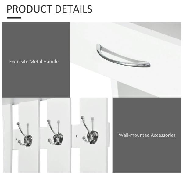 White cabinet with curved metal handle and wall-mounted hook rack