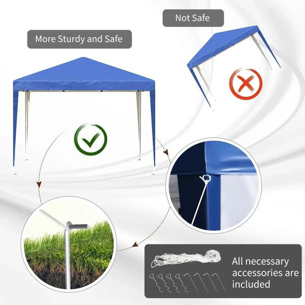 Blue pop-up gazebo canopy with safety-focused frame connection details and stakes