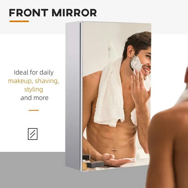 Wall mirror storage cabinet with reflective front and silver frame