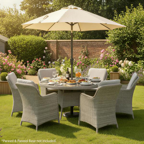 hampton rattan 6 seat dining set in dove grey with light grey cushions