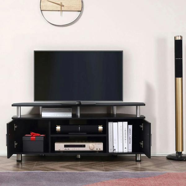 Black entertainment TV cabinet with flat top, central AV shelf, and open storage doors