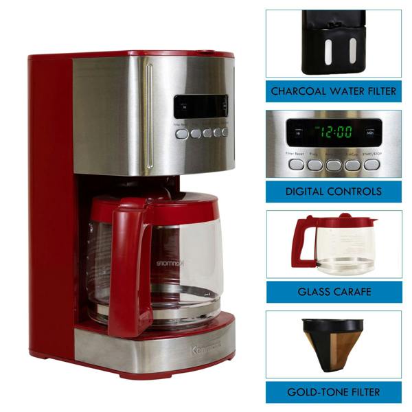 Kenmore 12-Cup Filter Coffee Machine 1.8L Programmable Timer Drip Coffee Maker Red